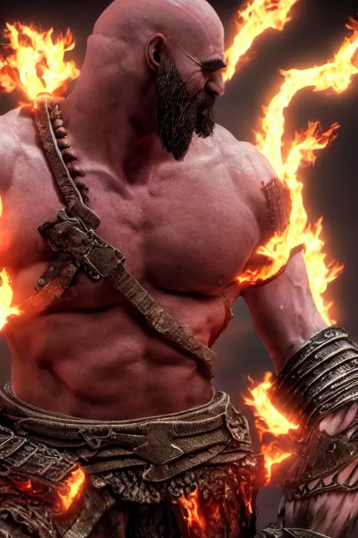 Prompt: muscular armored screaming kratos rocking out on a flaming stratocaster guitar, cinematic render, god of war 2 0 1 8, playstation studios official media, lightning, flames, left eye stripe, left eye stripe, left eye stripe, left eye stripe, clear, coherent