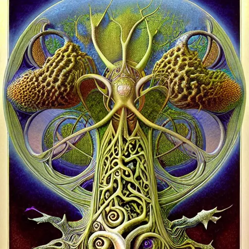 Prompt: divine chaos engine by roger dean and andrew ferez, tree of life, symbolist, visionary, art forms of nature by ernst haeckel, art nouveau botanical fractal structures, surreality, detailed, realistic,