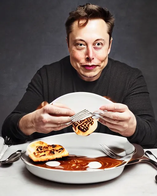 Prompt: a portrait of elon musk sitting at the dining table with a plate containing gulab jamun in front of him, highly detailed, trending on artstation, bokeh, 9 0 mm, f / 1. 4