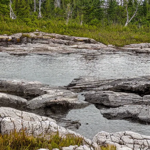 Image similar to rocky shore of the Bruce Peninsula on an overcast day, rain droplets falling in the water, 8k photo