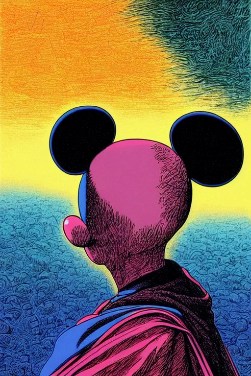 Prompt: a vibrant!!! ultraclear sideview waist up portrait of mickey mouse wearing black cape hoodie by laurie greasley and rene magritte, etching by gustave dore, intricate, colorful!!! full color flat surreal ethereal, sharp focus, illustration, highly detailed, digital painting, concept art, masterpiece