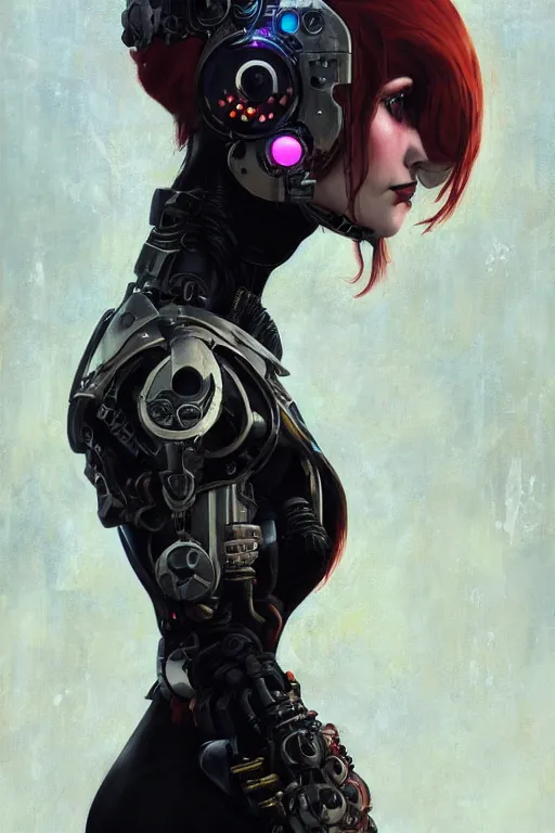 Prompt: portrait of beautiful young gothic cyborg maiden. cyberpunk, Warhammer, highly detailed, artstation, illustration, art by Ilya Kuvshinov and Gustav Klimt
