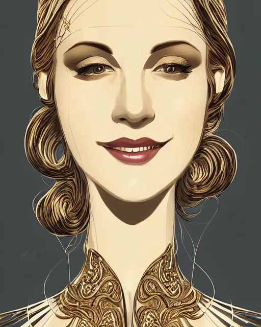 Image similar to portrait of a smiling woman, art deco style, beautiful, elegant, mesmerizing, concept art, fancy clothing, highly detailed, smooth, fantastical, cinematic, intricate linework, artstation, trending, behance, deviantart, sana takeda