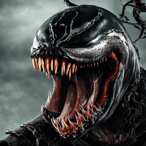 Image similar to venom king arthur version, ultra realistic, highly detailed, photorealism, scary, intricate detail, high res, textures, extremes, dark, twisted, black, wiry, superhero, antihero, powerful, teeth, licking tongue, armor, hair, knight trending on artstation