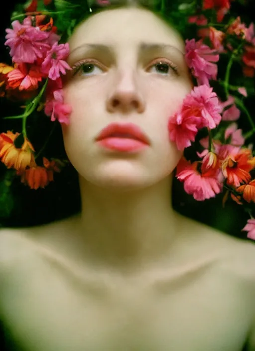 Image similar to extra close-up, color film photography, portrait of beautiful creature with flowers in heads, in style of nan goldin, 35mm, film photo