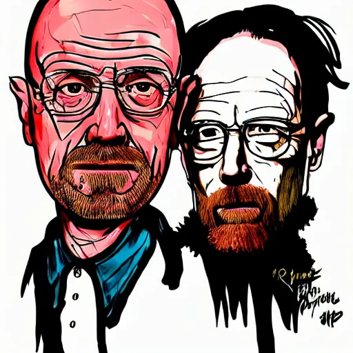 Image similar to Jessy Pinkman and Walter White in the style of Ralph Steadman