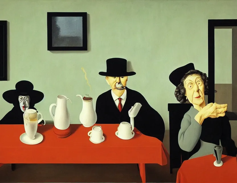 Image similar to a painting of a strange dusty professor in black suite and hat and a old woman making a study of drinking ten cups of black coffee in five seconds in a kitchen that is melting dali, styled by rene magritte