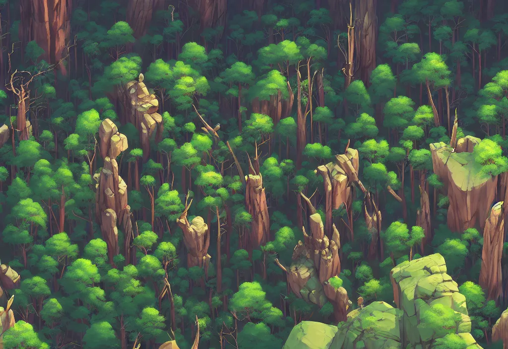 Image similar to high view of the background of a forest that has an endless pit in the bottom of the image, stylised painting, visible brush strokes, forest, medieval architecture, dynamic lighting, aesthetics, smooth, d & d, fantasy, asymmetrical, intricate, elegant, matte painting, by makoto shinkai borderlands and by feng zhu rossdraws, fan art, cartoon style