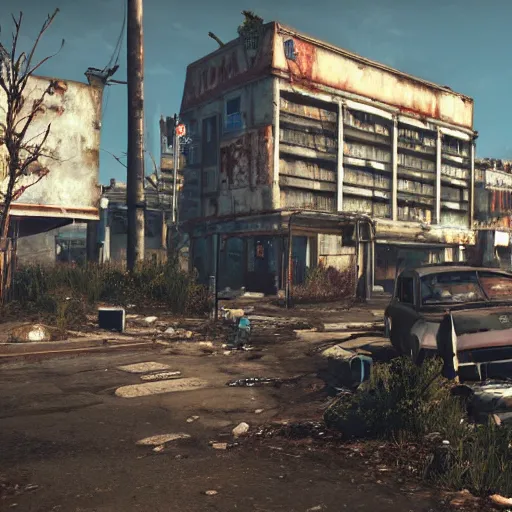 Image similar to Cannes, France in ruins post-nuclear war in Fallout 4, in game screenshot