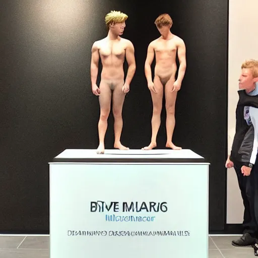 Image similar to “a realistic detailed photo of a guy who is an attractive humanoid who is half robot and half humanoid, who is a male android, British diver Jack Laugher & Chris Mears, shiny skin, posing like a statue, blank stare, at the museum, on display”