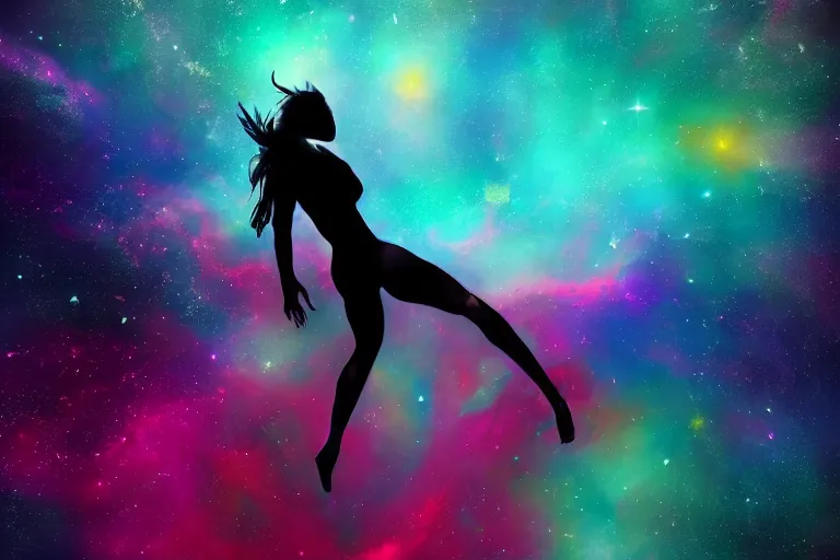 Prompt: silhouette of a girl laying horizontally suspended in air with long hair, she's exploding into incredible stars and nebula, dramatic abstract digital painting, trending on artstation