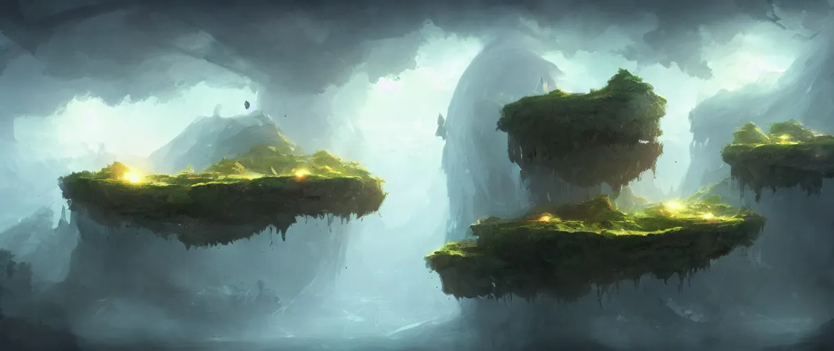 Prompt: floating islands in void concept art, low angle, cinematic, style of Jordan grimmer