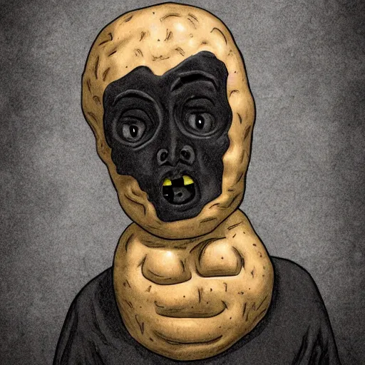 Image similar to a man made of potato, dark, spooky, horror, scary
