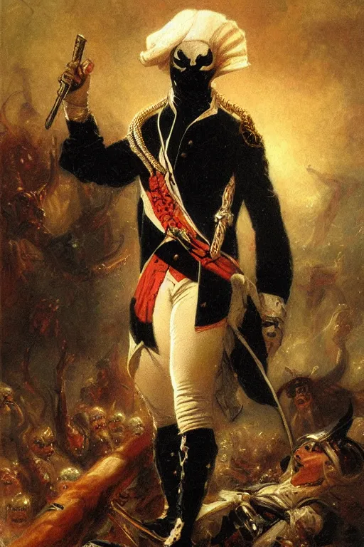 Image similar to george washington infected by the venom symbiote. art by gaston bussiere.