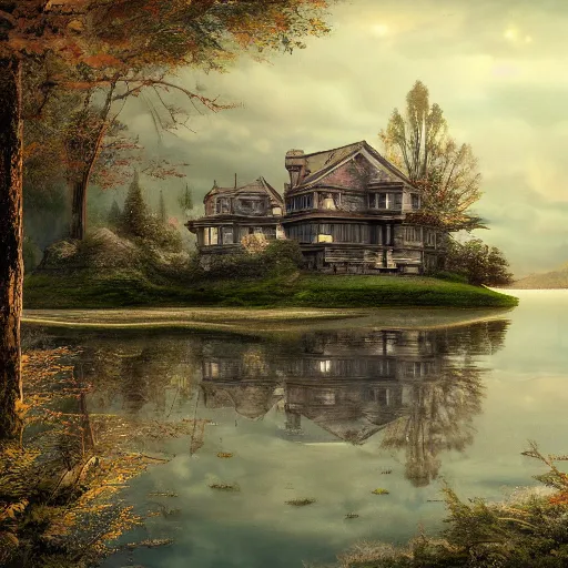 Image similar to old mansion in the woods beside a lake, artstation