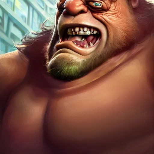 Image similar to clear portrait hulking herculean ogre danny devito, background hyper detailed, character concept, full body, dynamic pose, glowing lights intricate, elegant, highly detailed, digital painting, artstation, concept art, sharp focus, illustration, van baarle lois and sanderson ruth