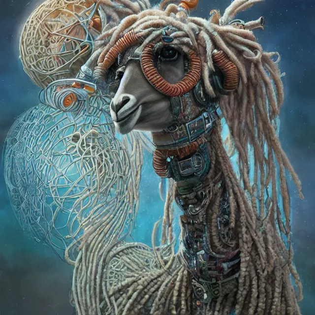 Image similar to llama with dreadlocks, industrial scifi, by mandy jurgens, ernst haeckel, by hsiao, james jean