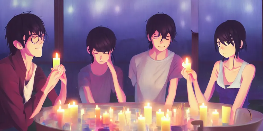 Prompt: a party at midnight, modern indoors, bay area, candles, hot tub, friendship, hope, art by makoto shinkai