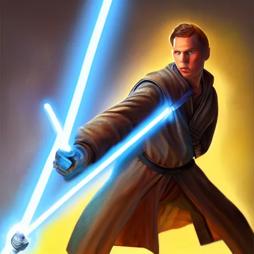 Image similar to jerma 9 8 5 wielding a blue lightsaber, jedi, detailed painting, trending on artstation