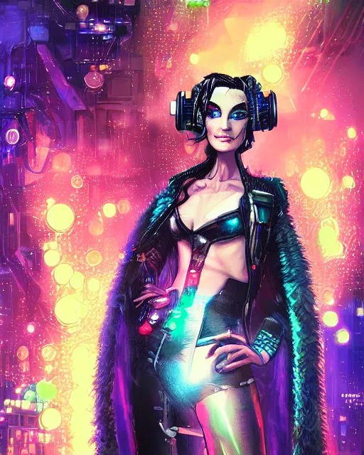 Image similar to a cyberpunk close up portrait of enchanting cyborg cruella de vil, electricity, rainbow, sparks, bokeh, soft focus, sparkling, glisten, water drops, cold, dark, geometric, temples behind her, by paul lehr, jesper ejsing