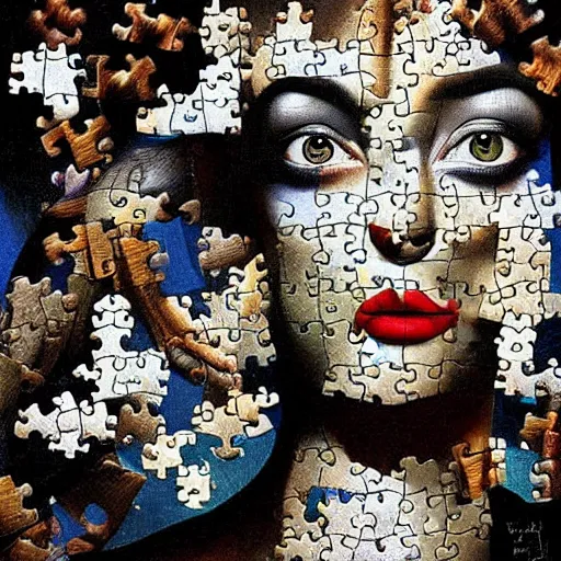 Image similar to A surreal painting of puzzle of a portrait of a beautiful woman with scattered puzzle pieces by Salvador Dali, dark vibes, high contrast