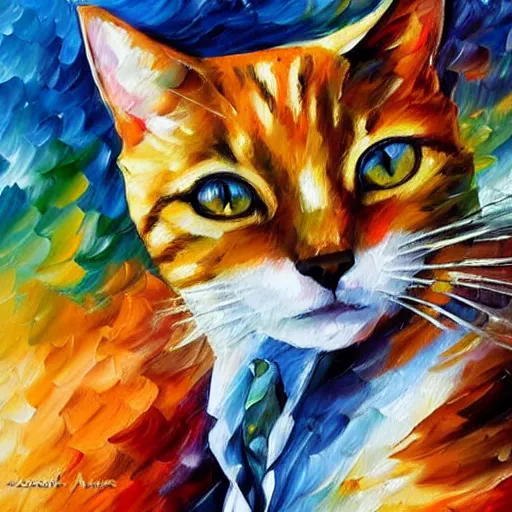 Prompt: painting of a cat wearing a lab coat by Leonid Afremov