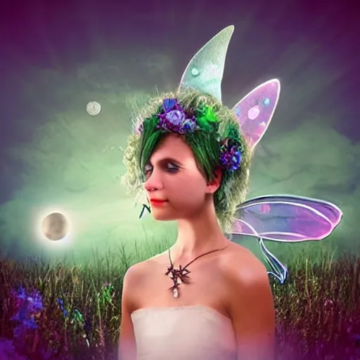 Prompt: A realistic looking fairy in the field she’s wearing glowing jewelry she looks mystified you can see the moon in the background, very artistic, highly detailed