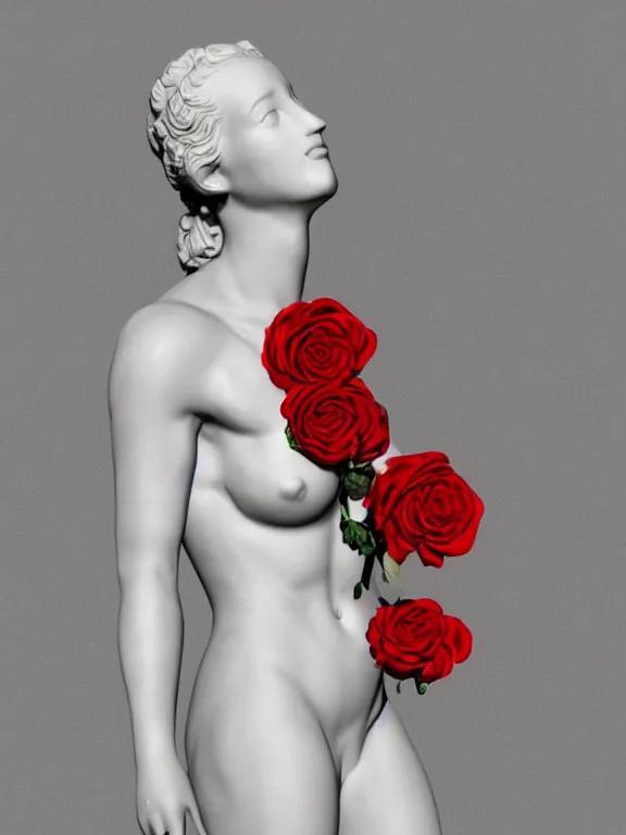 Image similar to portrait art venus of milo sculpture made of white marble, concept art, red roses exploding from her heart, volumetric lighting, hyperrealistic, focused, extreme details, masterpiece, fine details