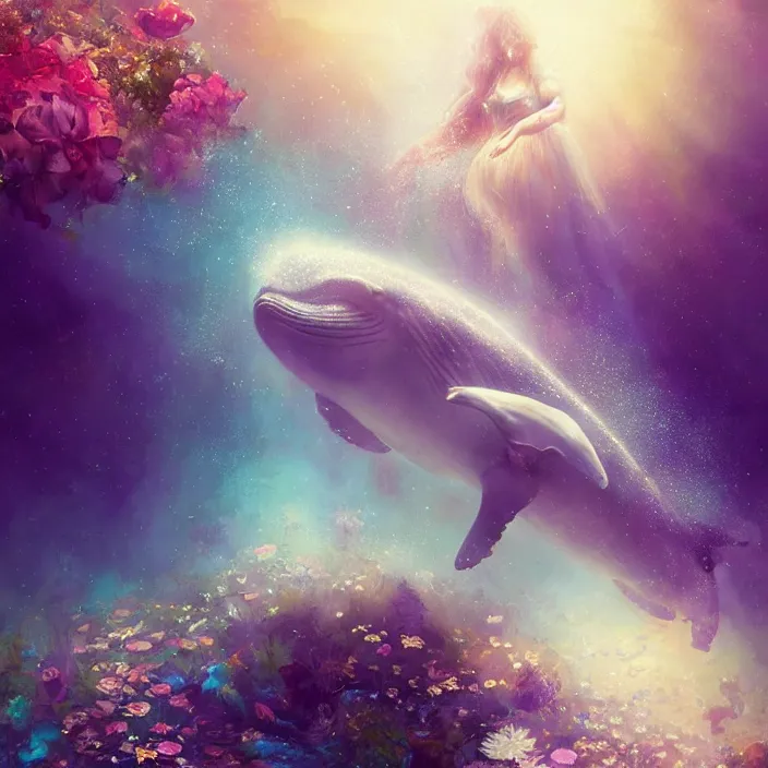 Image similar to glimmering whale, flowing dress, flowers, cosmos, milky way galaxy, golden hour, god rays, coral reef, dreamscape by artgerm and ruan jia and ismail inceoglu and greg olsen, masterpiece, minimalistic, beautiful, intricate, elegant, highly detailed