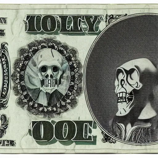 Prompt: dollar note with grim reaper, black ink on white paper