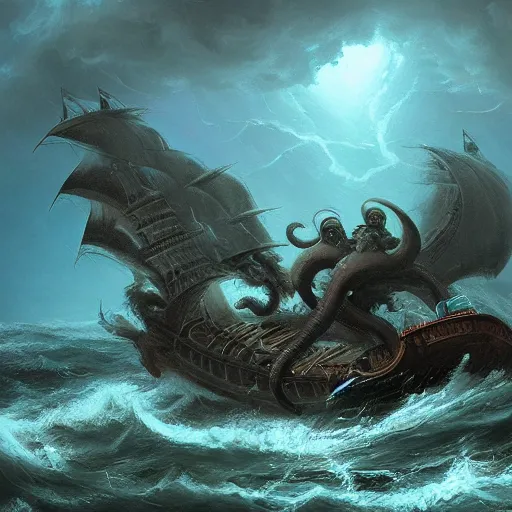 Prompt: thalassophobia mythological kraken the terrible, ihor reshetnikov rending multiple ships in a terrifying stormy sea trending on art station