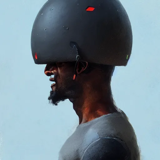 Image similar to side portrait of a goofy looking black guy with a melon helmet that covers only the top of his head by greg rutkowski