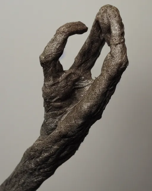 Image similar to photo of maquette sculpture of a creepy hand with a face creature, designed by jordu schell