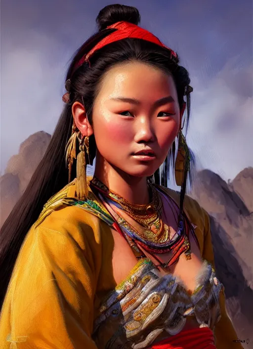 Image similar to portrait of a beautiful teen tai ethnic southern china, closeup portrait, historical, ethnic group, traditional costume, elegant, loin cloth, highly detailed, oil painting, artstation, concept art, matte, sharp focus, illustration, hearthstone, art by earl norem