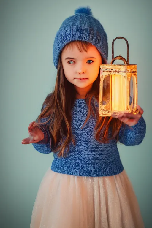 Prompt: dreamy portrait of a little girl holding up an illuminated lantern, soft neon and teal glowy lighting, photorealistic portrait, bokeh background, night lights, sharp focus, smooth facial tones, blue emerald eyes, realistic natural hand and fingers, volumetric lighting, brown woven hat, blue sweater, 8 5 mm photography, award - winning photography, trending on 5 0 0 px