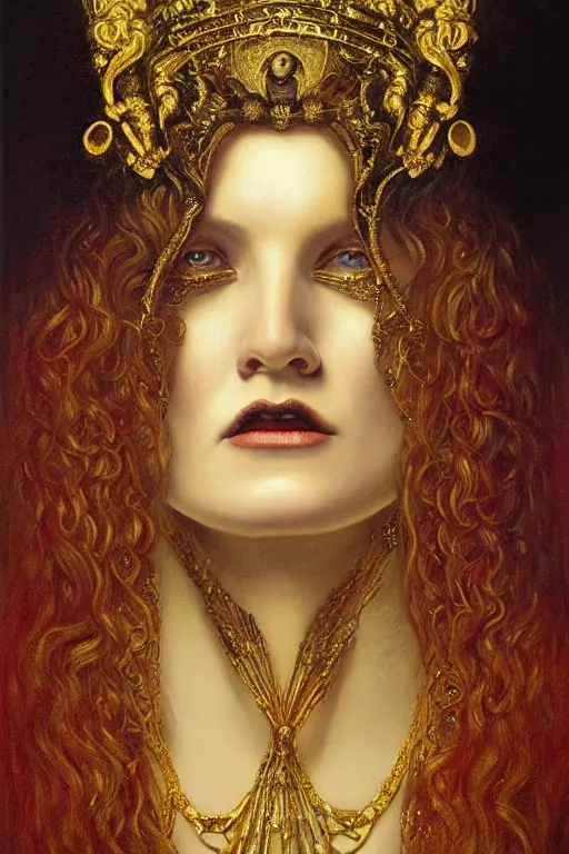 Prompt: hyper realistic painting portrait of goth queen, occult diagram, elaborate details, detailed face, intrincate ornaments, gold decoration, occult art, oil painting, art noveau, in the style of roberto ferri, gustav moreau, jean delville, bussiere, andrew gonzalez
