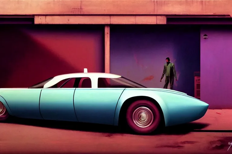 Image similar to a cinematic matte painting of a sleek 1 9 6 0 s vaporwave retro - futurism sci - fi car in a cluttered garage in mumbai. by eric lafforgue, glennray tutor and edward hopper, greg rutkowski. trending on artstation.