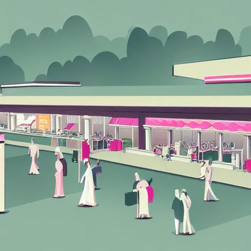 Image similar to art deco illustration of a mall food court in pastel colors