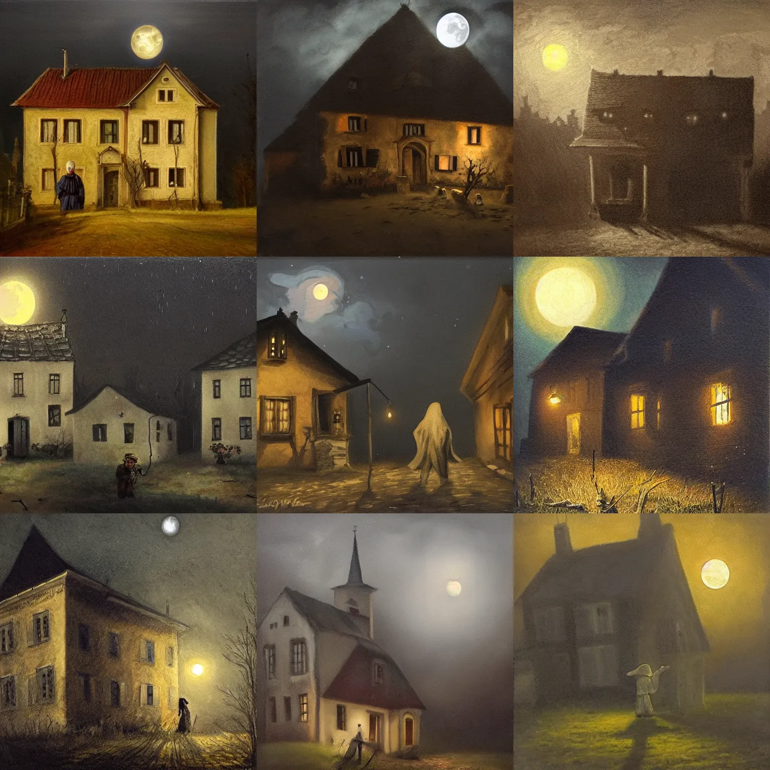 Prompt: a frightening ghost in front of a 1 9 th century, old hungarian village house. atmoshperical, midnight, moon lighting, realistic, highly detailed, shadows, mysterious, oil canvas, landscape by szinyei merse pal, mednyanszky laszlo, meszoly geza, and lotz karoly