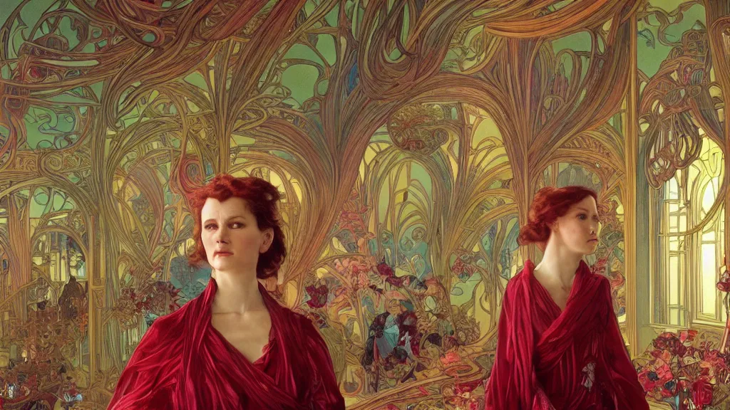 Image similar to a woman made of rubies stands in the living room, film still from the movie directed by Denis Villeneuve with art direction by android jones and donato giancola and alphonse mucha, wide lens, 4K, realistic