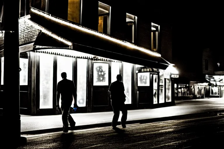 Prompt: a man walking up to a bar at night, photograph