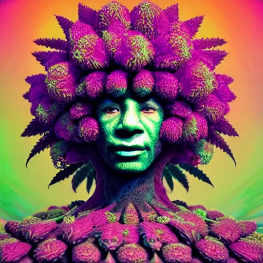 Image similar to an african marijuanna! shaman with an afro made of flowers, third eye art art by machina infinitum, complexity from simplicity, rendered in octane, mandelbulb 3 d, ambient occlusion, radiant lighting, macro photography, felt!!! texture, tribal, pastel! retrowave