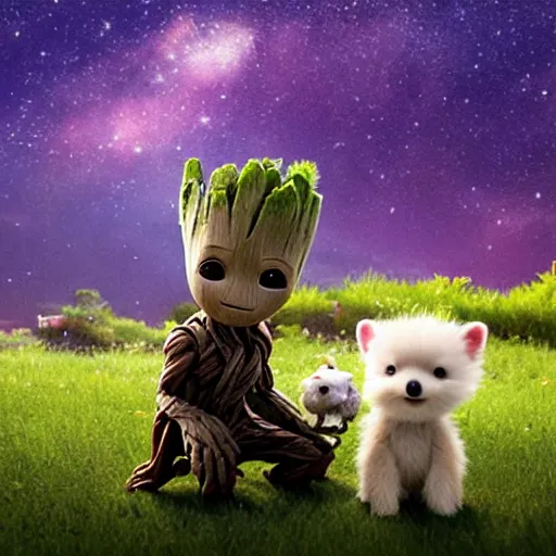 Prompt: baby groot with a cute white dog, sitting in a field, surrounded by fireflies