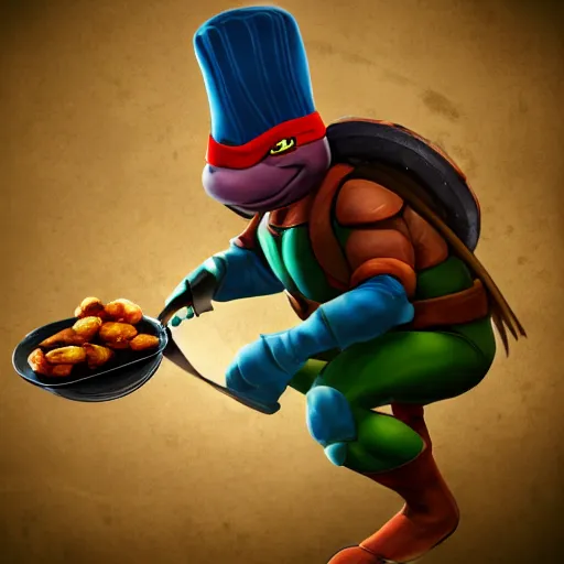 Prompt: teenage mutant ninja turtle with frying pan near kitchen stove, wearing chef hat, frying nails, volumetric lighting, realistic, photo, artstation