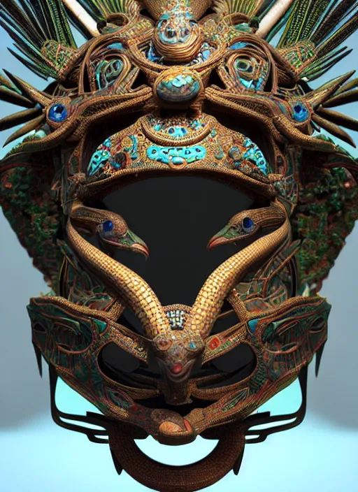 Prompt: 3 d goddess close - up profile portrait. beautiful intricate highly detailed mexican magpie helm and traditional mexican huipil! quetzalcoatl, stingray, bio luminescent, plasma, lava, ice, water, wind, stormy, creature, artwork by tooth wu and wlop and beeple and greg rutkowski, octane 3 d render