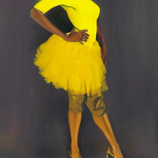 Image similar to african american woman wearing a yellow tutu, portrait artwork by jack vettriano h 6 4 0