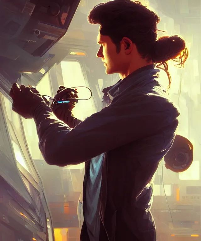 Image similar to Hacker man hacks computer, highly detailed, digital painting, artstation, concept art, smooth, sharp focus, illustration, art by artgerm and greg rutkowski and alphonse mucha