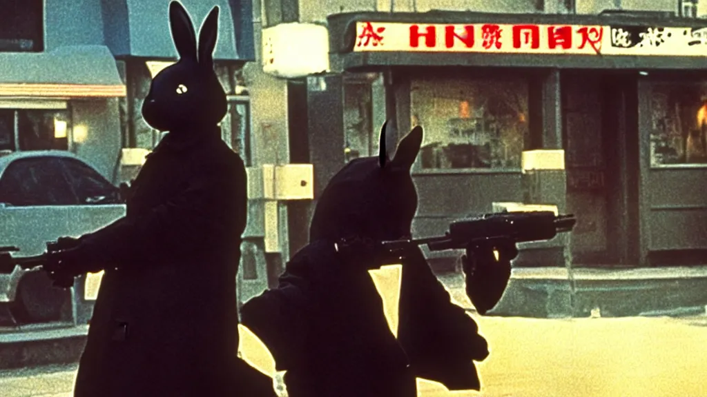 Image similar to a man in a trench coat wearing a black rabbit mask in front of a diner shooting an uzi, film still from the an anime directed by Katsuhiro Otomo with art direction by Salvador Dalí, wide lens