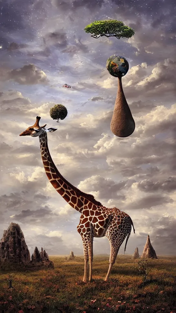 Prompt: a giraffe pondering the mysteries of the universe, surrealist painting by igor morski, gediminas pranckevicius, beeple, ornament, porcelain, super - resolution, soft lighting, ray tracing global illumination