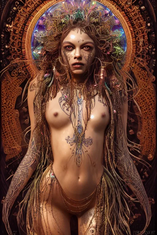 Image similar to a centered render of an mytical festival hippy with tribal tattoos wearing intricate metallic clothing surrounded by a underwater ink pour and flowing liquid gallium and sacred geometry, perfect body and face, gorgeous, cinematic, beautifully lit, by peter kemp, by karol bak, by donato giancola, 3 d, trending on artstation, octane render, 8 k